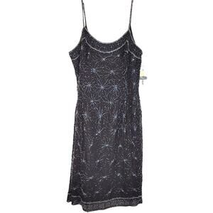 NWT Papell Boutique Evening Mini Dress Beaded Silk Sleeveless Black Womens 10